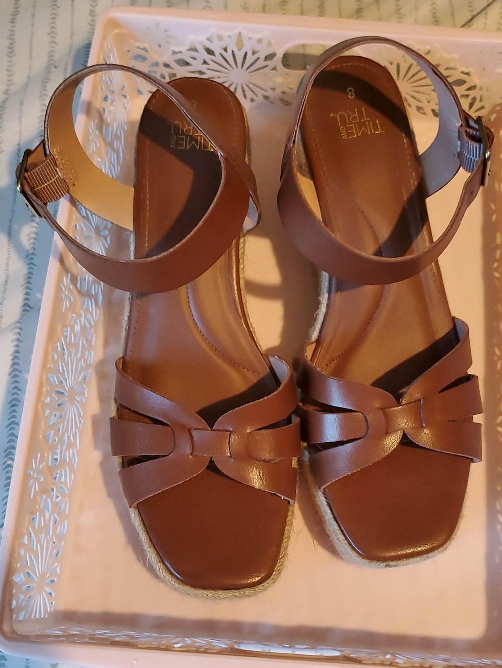 Time and Tru Brown Knotted Espadrille Sandals with Ankle Strap